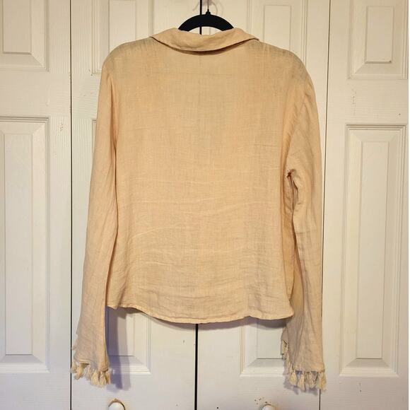 Zara, L | Linen Fringe Button Down Bell Sleeve Flowy Deep Neck Line - Picture 2 of 5